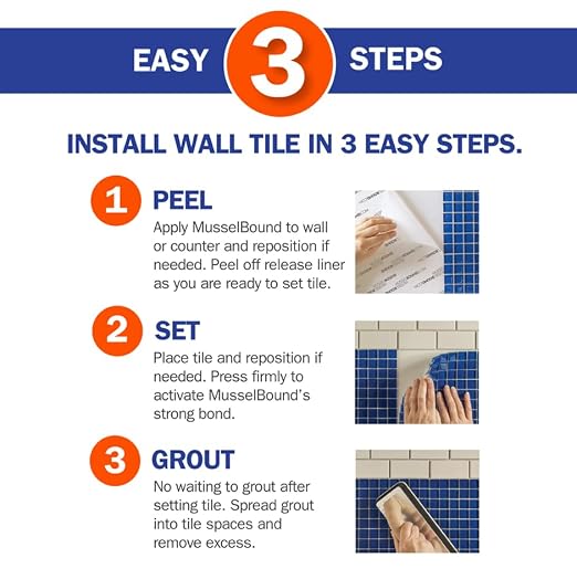 MusselBound® Adhesive Tile Mat with Spacers - a Strong Double-Sided Adhesive that Replaces Messy Mortar. Clean, Easy, No-Stress Way to Install Real Wall Tile. Lower Total Cost Than Peel & Stick Tiles