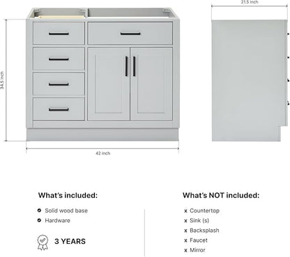 ARIEL Hepburn 42-inch Bathroom Vanity Base Cabinet,Solid Wood, 2 Soft Closing Doors, 5 Dovetail Drawers, Grey