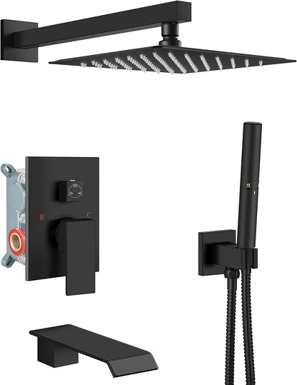 Aolemi Shower System with Tub Spout and Valve Matte Black | 10-Inch Square Wall Mounted Rainfall Shower Head and Handheld,3-Function Bathtub Shower Faucet Set