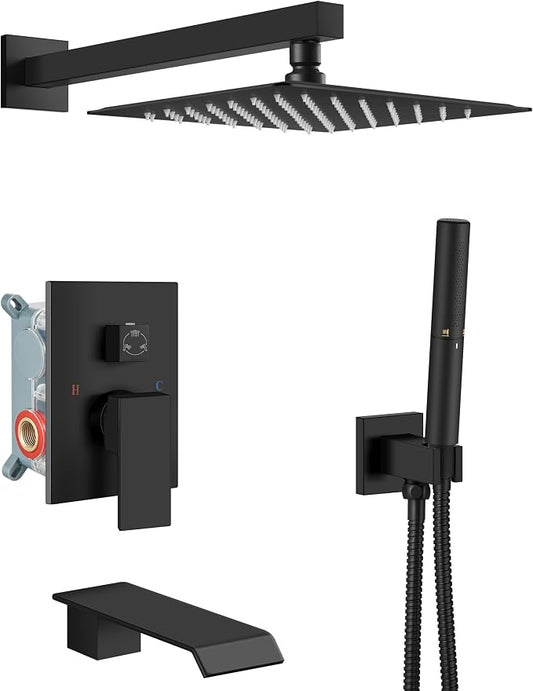 Aolemi Shower System with Tub Spout and Valve Matte Black | 10-Inch Square Wall Mounted Rainfall Shower Head and Handheld,3-Function Bathtub Shower Faucet Set
