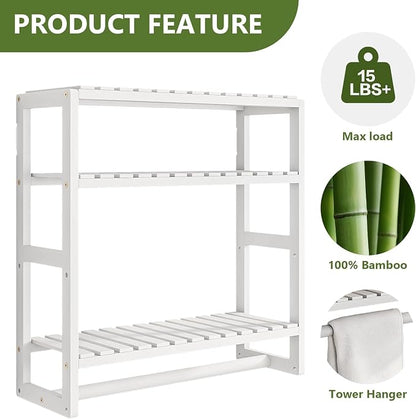 Galood Over The Toilet Storage Bathroom Shelves Wall Mounted 3 Tier White | Space Saver Corner Shelf Organizer Bamboo Towel Rack Toilet Paper Cabinet with Hanging Rod