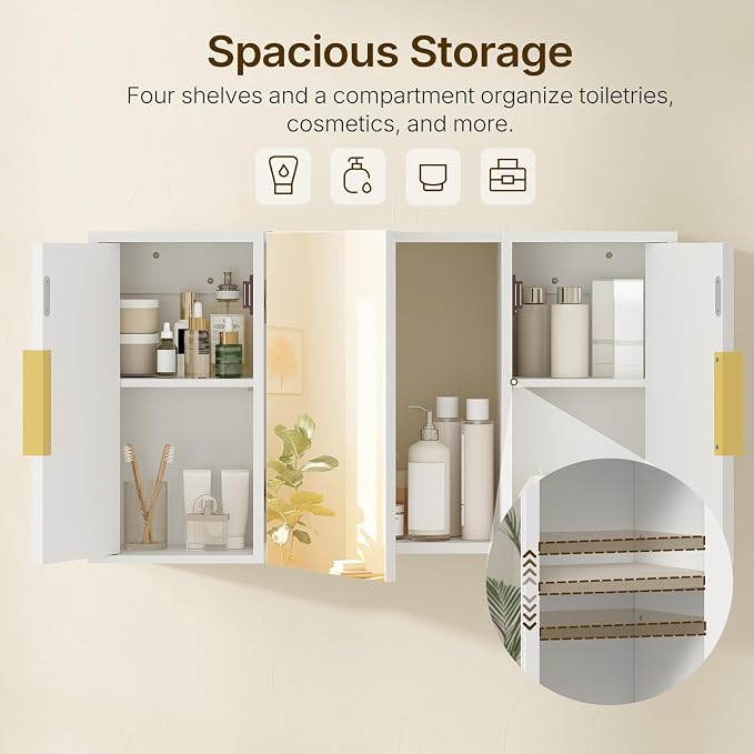 Bathroom Wall Cabinet with Mirror, Medicine Cabinet Mirror, Wall Mounted Medicine Cabinet, Mirrored Door Over The Toilet Storage, for Laundry Room, Bedroom, Camper, Hallway, White