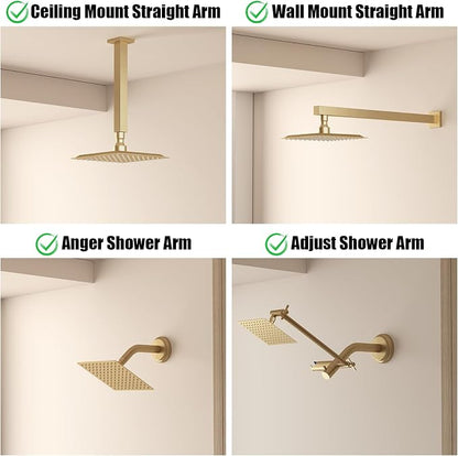 8 In Rain Shower Head High Pressure Rainfall Shower Head Brushed Gold | Square Rain Bathroom Showerhead, High Flow, Large Stainless Steel, Ceiling Mounted, Wall Mounted, Waterfall Full Body