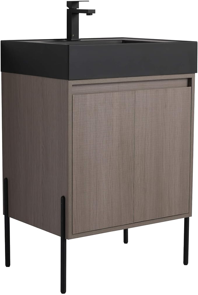 Crownpoint 24 Inch Bathroom Vanity with Sink, Black Sink, Gray Oak Finish, Full Assembly Required, Elegant Bathroom Vanities for Modern Homes