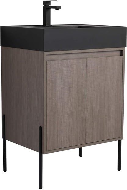 Crownpoint 24 Inch Bathroom Vanity with Sink, Black Sink, Gray Oak Finish, Full Assembly Required, Elegant Bathroom Vanities for Modern Homes