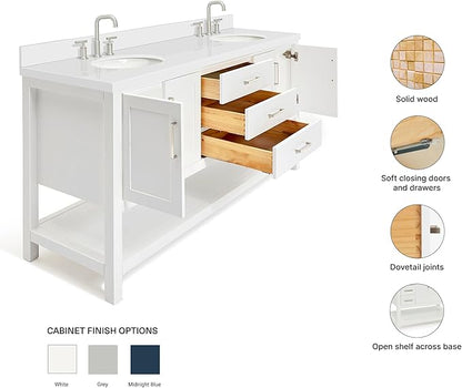 ARIEL Magnolia 72-inch Bathroom Vanity with Sink,Solid Wood, 1.5-inch Pure White Quartz Countertop & Backsplash, Double Rectangular Porcelain Sink, 4 Soft Closing Doors, 3 Dovetail Drawers, White