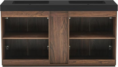60" Bathroom Vanity with Double Sink, Freestanding Double Sink Bathroom Vanity with Black Engineered Stone Top, Open Storage Cabinet & Adjustable Shelf, 4 Soft-Closing Doors, Walnut