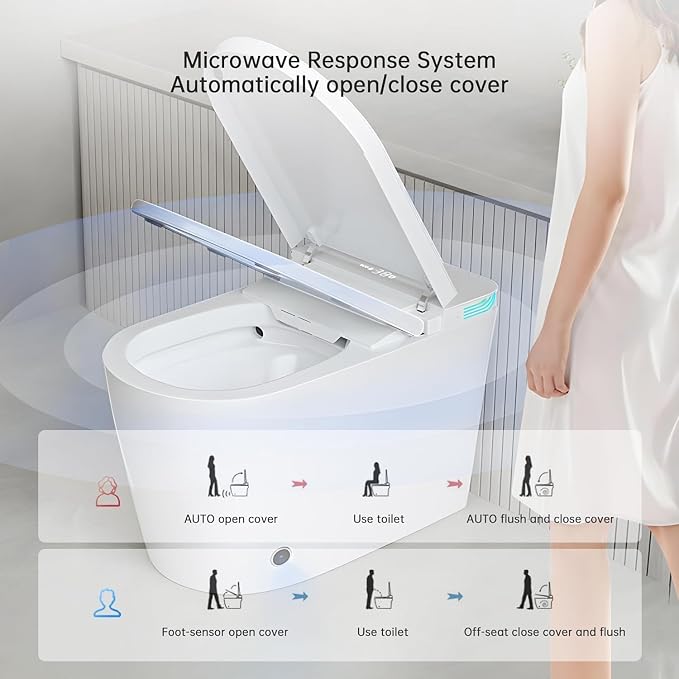 Smart Toilet with Bidet Built In, Foot Sensor Operation, Elongated Tankless Toilet with Automatic Flush, Dual Flush, Heated Bidet Seat for Bathrooms