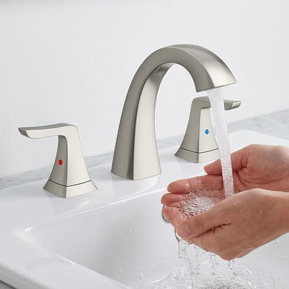 SR SUN RISE Bathroom Sink Faucet 8 in, 3 Hole, NSF Certified,Brushed Nickel | Come with Pop-up Drain Assembly, 2 Handles, 2 Water Supply Lines, Widespread Sink Faucet for Vanity, RV, and Bathroom