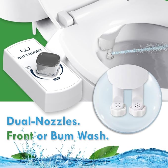 BUTT BUDDY Duo - Bidet Toilet Seat Attachment & Fresh Water Sprayer (Easy to Install | Non-Electric | Dual-Nozzle Cleaning | Gentle Wash | Healthy, Sanitary Bathroom)