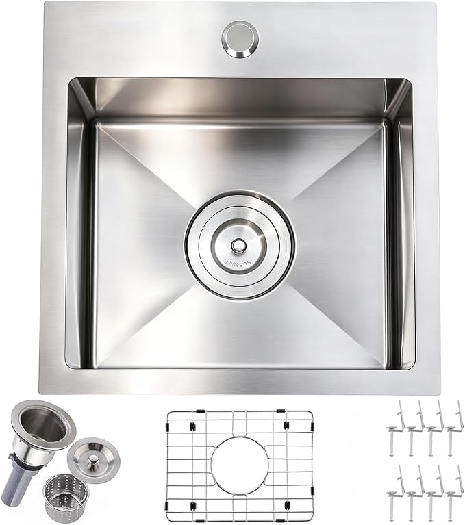 15x15 Inch Bar Sink Drop In, Topmount Kitchen Sink Stainless Steel Square Small Sinks, Single Bowl Kitchen Sinks for Laundry Wet Bar Prep RV Office Outdoor Yard with Grid & Drain
