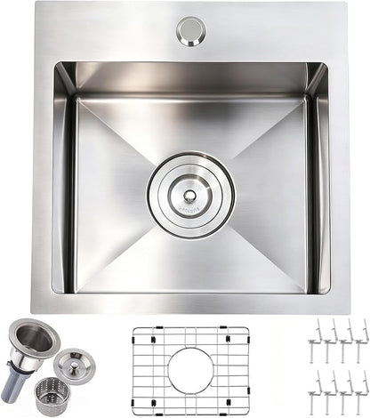 15x15 Inch Bar Sink Drop In, Topmount Kitchen Sink Stainless Steel Square Small Sinks, Single Bowl Kitchen Sinks for Laundry Wet Bar Prep RV Office Outdoor Yard with Grid & Drain