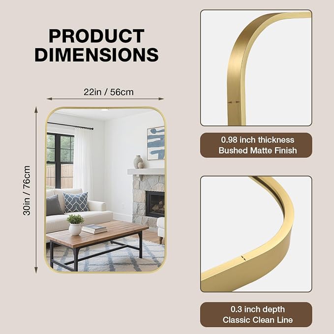22"x30" Bathroom Mirror for Over Sink, Brushed Gold Rectangle Vanity Mirror | Aluminum Alloy Frame, Clear Reflection, Rust-Resistant, Vertical or Horizontal, Wall Mount, Bedroom and Entryway