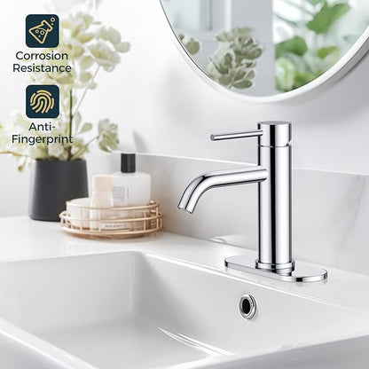 FORIOUS Single Hole Bathroom Faucets 1 Handle, Chrome Bathroom Sink Faucet with Metal Pop up Drain and Supply Hose, Suitable for Vanity Lavatory Restroom Remodel