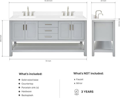 DKB Olivia 72" Grey Double Bathroom Vanity, 1.5" Edge Carrara Quartz Countertop, Rectangular Undermount Sinks, 4 Soft Closing Doors, 3 Full Extension Dovetail Drawers, Open Storage Shelf