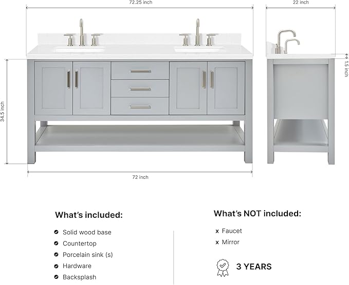 ARIEL Magnolia 72-inch Bathroom Vanity with Sink,Solid Wood, 1.5-inch Carrara White Quartz Countertop & Backsplash, Double Rectangular Porcelain Sink, 4 Soft Closing Doors, 3 Dovetail Drawers, Grey
