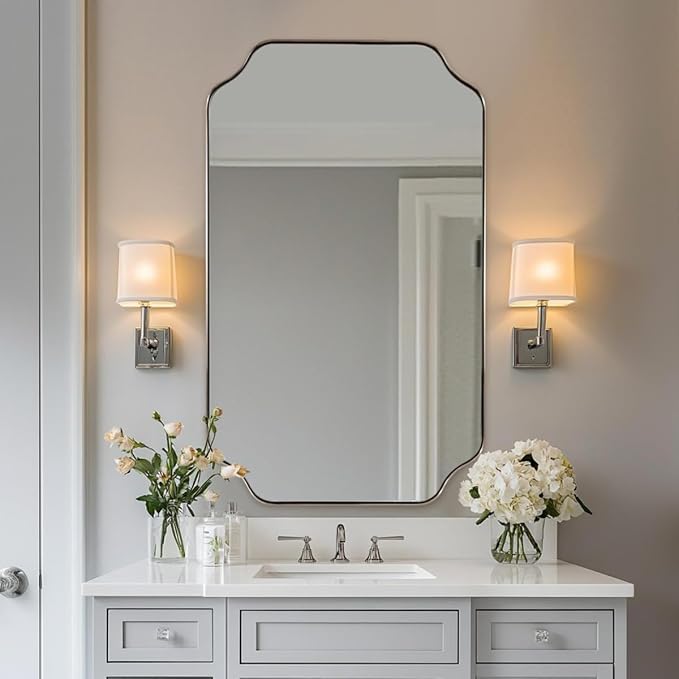 24x40 Inch Rectangle Bathroom Mirror, Brushed Nickel Scalloped Bathroom Mirror, Silver Bathroom Vanity Mirror, Unique Mirror in Rust-Proof Stainless Steel Frame (Horizontal/Vertical)