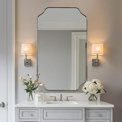 24x40 Inch Rectangle Bathroom Mirror, Brushed Nickel Scalloped Bathroom Mirror, Silver Bathroom Vanity Mirror, Unique Mirror in Rust-Proof Stainless Steel Frame (Horizontal/Vertical)