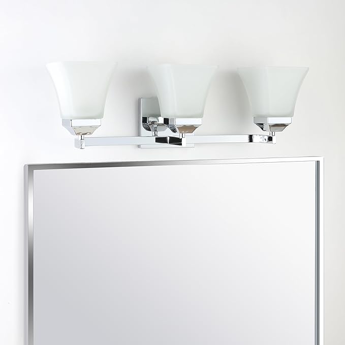 JONATHAN Y 24" Chrome Modern Cottage LED Vanity Light Wall Sconce, Farmhouse Wall Lamp for Bathroom Mirror Kitchen, White Glass Shade, LED Bulb Included (JYL7524B)