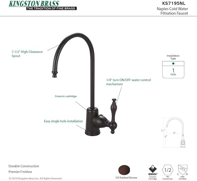 Kingston Brass Gourmetier KS7195NL Naples Single Handle Water Filtration Faucet, Oil Rubbed Bronze