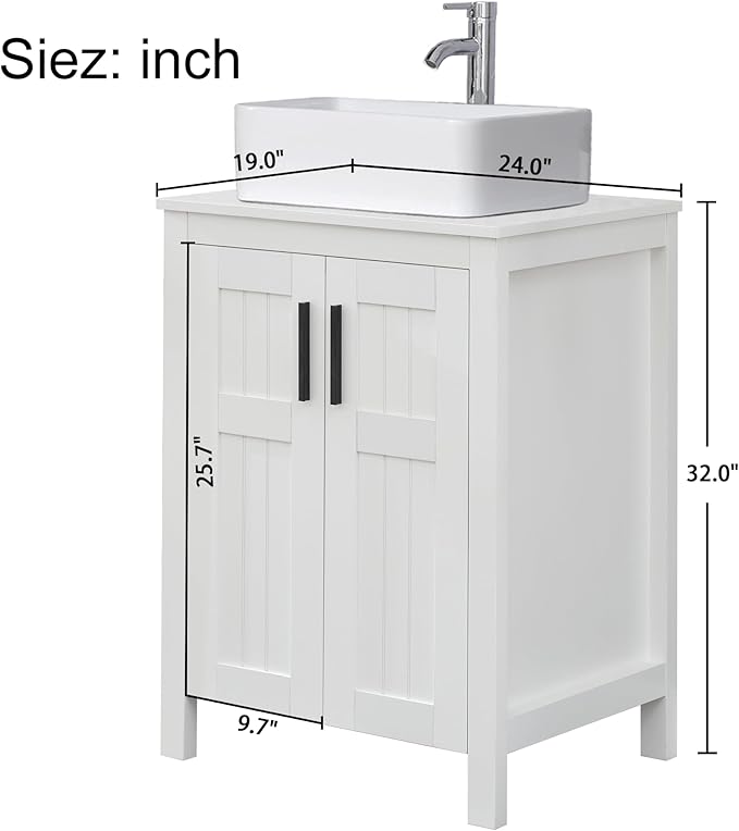 UEV White 24" Bathroom Vanity with Sink Combo, Modern Rectangle Ceramic Vessel Sink, Grooved Doors & Metal Handles