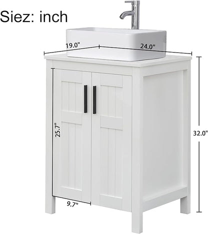 UEV White 24" Bathroom Vanity with Sink Combo, Modern Rectangle Ceramic Vessel Sink, Grooved Doors & Metal Handles