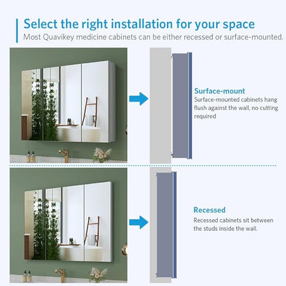 Quavikey Medicine Cabinet with Mirror, Aluminum 3 Doors Recessed or Surface Mount Large Bathroom Mirrored Cabinets 36x26 Inch, Silver