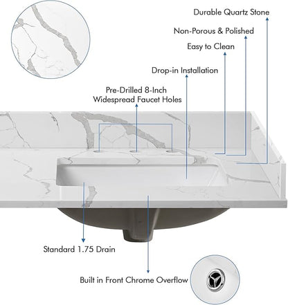 36 in.W x 22 in.D Quartz Calacatta River Vanity Top,with Undermount Right Offset Sink Vanity Top,with Two Sidesplash & One Backsplash,8 Inch Faucet Hole Spread Bathroom Vanity Sink Countertop