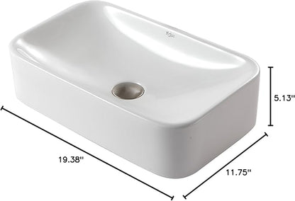 Kraus KCV-122-SN Ceramic Above counter Rectangular Bathroom Sink, 19.44 x 11.84 x 5 inches, Satin Nickel/White