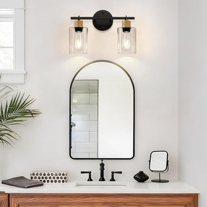 MOKATNG Bathroom Light Fixtures, 2-Light Farmhouse Vanity Lights with Hemp Rope, Black Bathroom Wall Lamp for Mirror Kitchen Hallway Cabinet