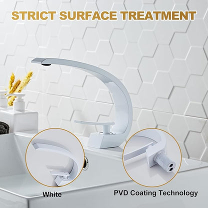 White Finish Bathroom Sink Faucet,Unique Design and Pop Up Drain