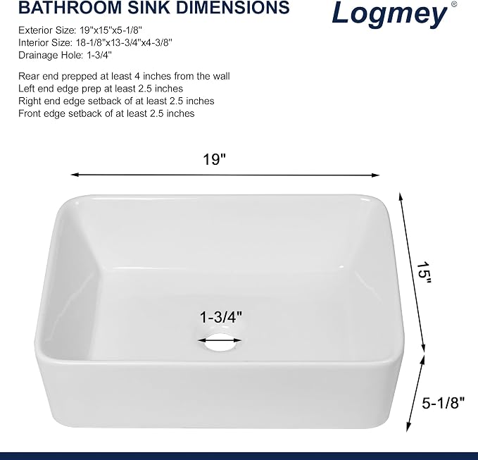 Logmey 19 Inch White Bathroom Vessel Sink 19x15 Inch Large Rectangle Vessel Sink for Bathroom Porcelain Ceramic Modern Countertop Above Counter Bathroom Vanity Sink Art Basin