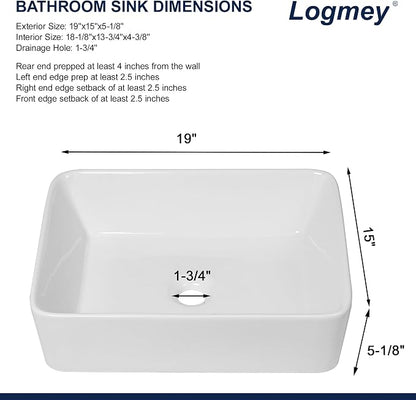 Logmey 19 Inch White Bathroom Vessel Sink 19x15 Inch Large Rectangle Vessel Sink for Bathroom Porcelain Ceramic Modern Countertop Above Counter Bathroom Vanity Sink Art Basin