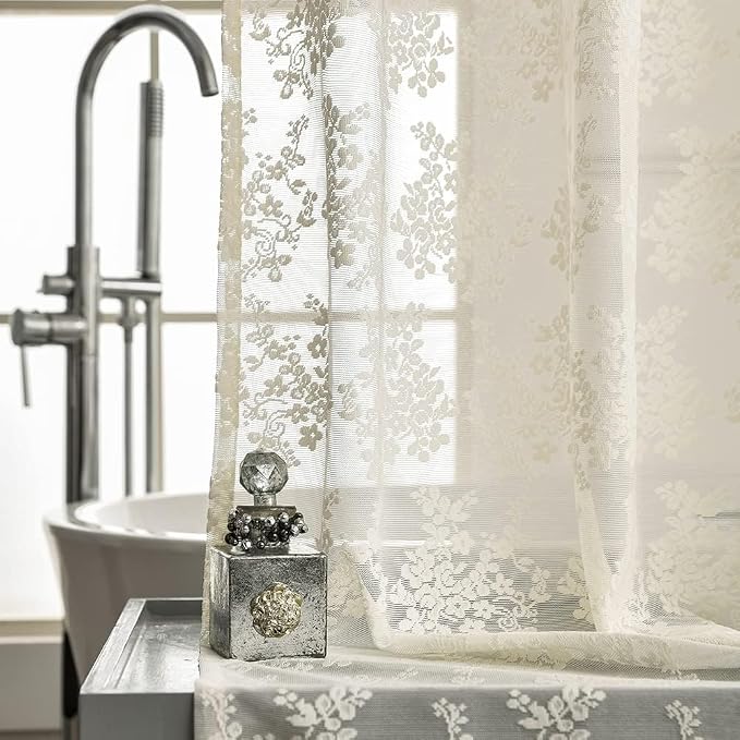 Ivory Lace Stall Shower Curtain 36x72, Stand-Up Style with Attached Valance | Standing Shower Curtain with Floral Lace and Scalloped trim, Filters Soft Light for Vintage Shabby Chic Small Bathrooms
