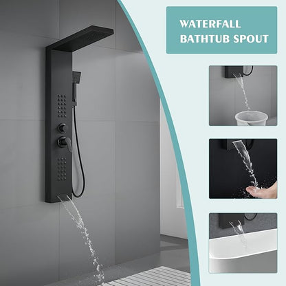 Shower Panel Tower System with Rainfall Shower Head, Powerful Body Jets, Matte Black Shower Tower with Handheld Shower and Tub Spout, Stainless Steel Shower Column High Pressure