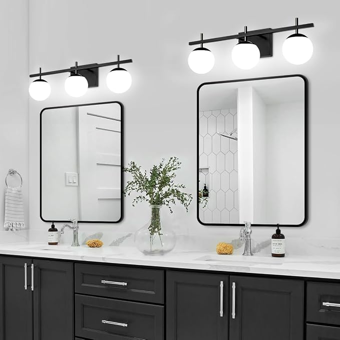 Modern Bathroom Light Fixtures Over Mirror, Black Vanity Lights Milky Glass Globe Bathroom Lighting Fixtures 3-Light Wall Sconces Light for Living Room Dining Room