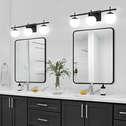 Modern Bathroom Light Fixtures Over Mirror, Black Vanity Lights Milky Glass Globe Bathroom Lighting Fixtures 3-Light Wall Sconces Light for Living Room Dining Room
