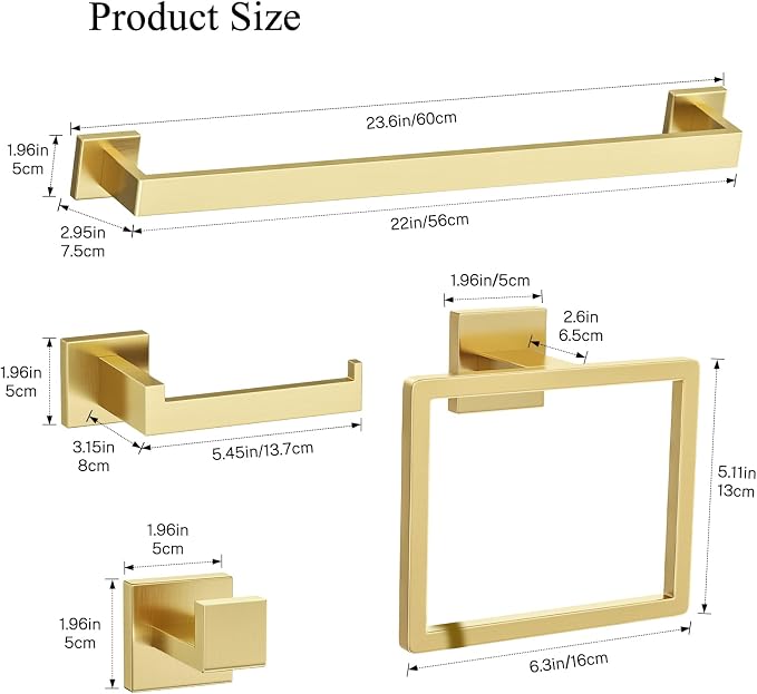Brushed Gold Towel Bar Set 10-Piece Gold Bathroom Hardware Accessories Set,Stainless Steel Towel Rack Set for Bathroom Wall-Mounted,23.6-Inch