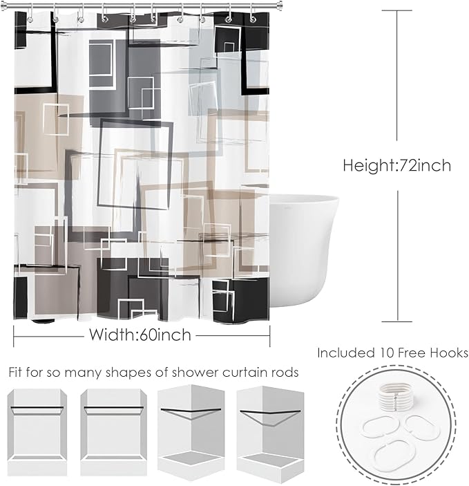 Black and Tan Geometric Shower Curtain with Hooks, Grey and White Abstract Striped on White Fabric Shower Curtain for Bathroom Decor Modern Minimalist Shower Curtain Set,72L X 60W inches