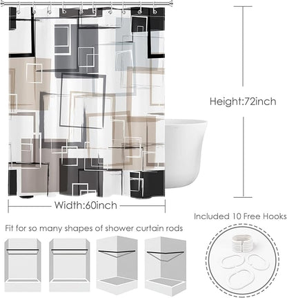 Black and Tan Geometric Shower Curtain with Hooks, Grey and White Abstract Striped on White Fabric Shower Curtain for Bathroom Decor Modern Minimalist Shower Curtain Set,72L X 60W inches