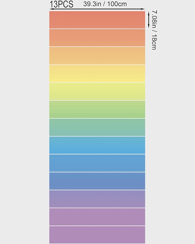 FLFK Rainbow Stair Riser Decals, Self-Adhesive Strips, Multicolor Decorative Stickers, Peel and Stick Design, Modern Style, 39.3" W x 7.08" H x 13Pcs, for Indoor Staircase Decoration