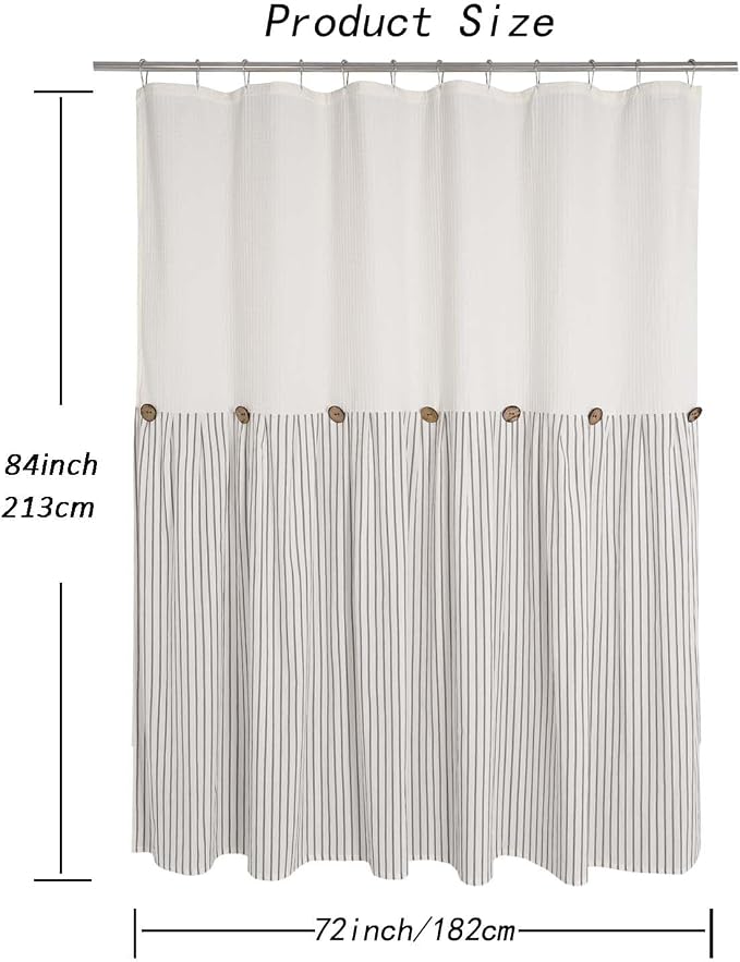 DOSLY IDÉES Farmhouse Shower Curtain, Beige and Gray Striped, Button Curtain, Spa Waffle and Cotton Woven Fabric, Rustic Charm Country Chic Style for Bathroom, 72x84 in