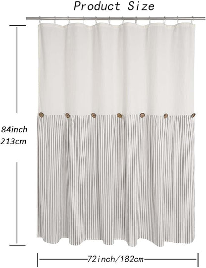 DOSLY IDÉES Farmhouse Shower Curtain, Beige and Gray Striped, Button Curtain, Spa Waffle and Cotton Woven Fabric, Rustic Charm Country Chic Style for Bathroom, 72x84 in