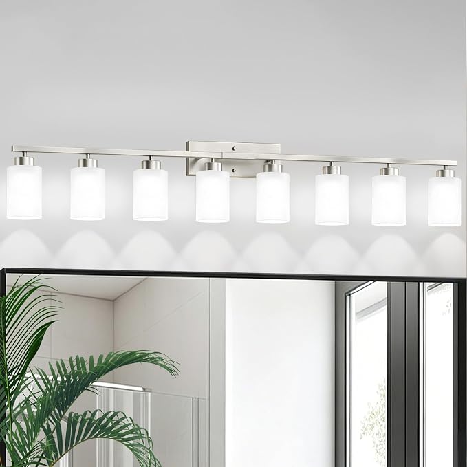 IZORRO Modern Bathroom Light Fixtures, 8 Light Brushed Nickel Vanity Lights, Bathroom Lighting Fixtures Over Mirror with White Glass for Living Room Cabinet Bedroom