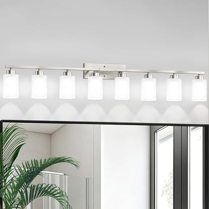 IZORRO Modern Bathroom Light Fixtures, 8 Light Brushed Nickel Vanity Lights, Bathroom Lighting Fixtures Over Mirror with White Glass for Living Room Cabinet Bedroom
