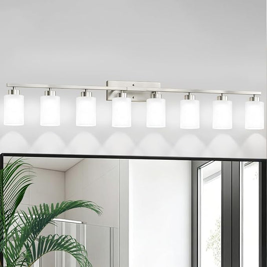 IZORRO Modern Bathroom Light Fixtures, 8 Light Brushed Nickel Vanity Lights, Bathroom Lighting Fixtures Over Mirror with White Glass for Living Room Cabinet Bedroom