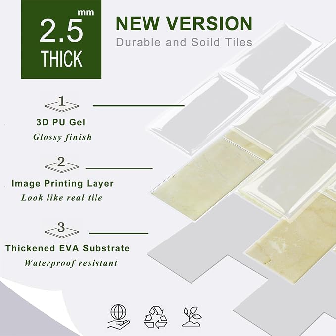 STICKGOO 10-Sheet Subway Tile Peel and Stick Backsplash, Self Adhesive Vinyl Wall Tiles, Stick on Backsplash for Kitchen and Bathroom(Thicker Design)
