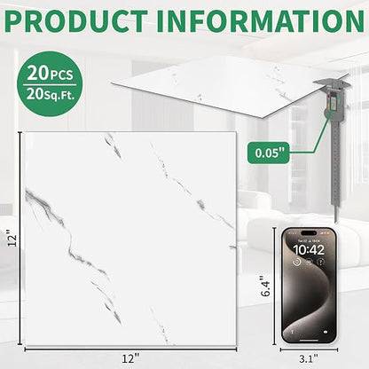 20-Pack Peel & Stick Floor Tiles 12 x 12 inch Vinyl Floor Self Adhesive Waterproof Flooring Planks DIY for Bathroom, Kitchen, Living Room, RV, Cover 20 Sq. Ft, White Vein Marble