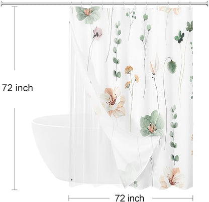 3 in 1 Shower Curtain Set, Sage Green Watercolor Floral Bath Curtain and PEVA Liner Set with 12 Double Sided Steel Hooks, Waterproof Fabric Bathroom Curtain 72x72