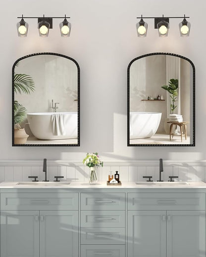 Black Medicine Cabinet for Bathroom, Surface Mount or Recessed Medicine Cabinets with Storage and Arched Mirror 20"x28" , All-Metal Daisy Decor Frame, Includes 2 Adjustable Shelves and 1 Organizer
